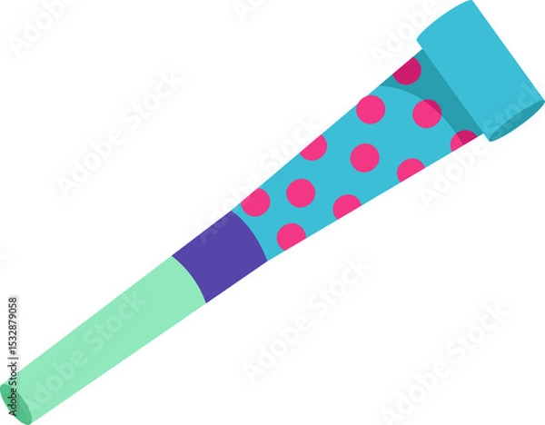 Fototapeta Flat vector party horn is floating on transparent background with mint, purple and cyan polka dots