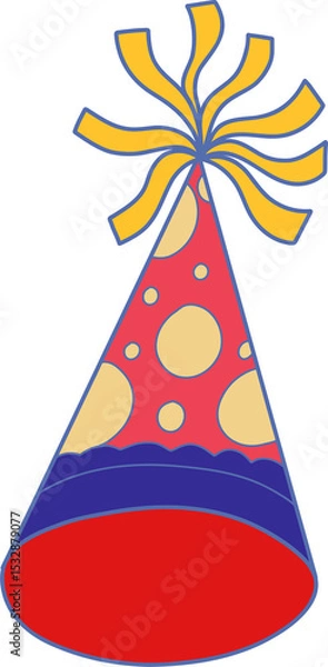 Fototapeta Conical party hat is featuring red polka dots and streamers in flat design transparent background