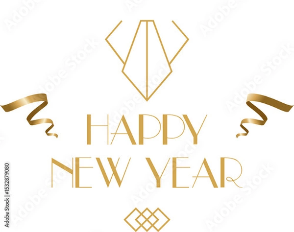 Fototapeta Happy New Year is featuring metallic gold deco with ribbons, geometric motifs on transparent canvas