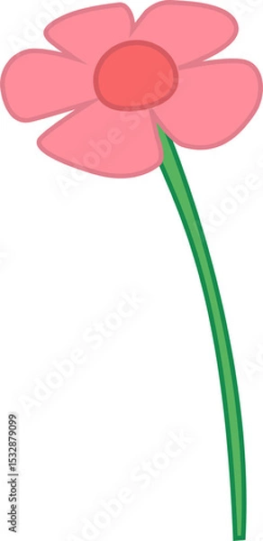Fototapeta Cartoon flower is floating on transparent backdrop with five pink petals, rose disk and green stem