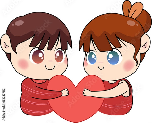 Obraz Two cartoon children are holding large red heart on transparent background, flat illustration