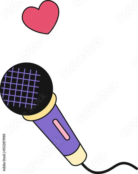 Fototapeta Microphone is tilting in flat design with floating pink heart and cable on transparent background