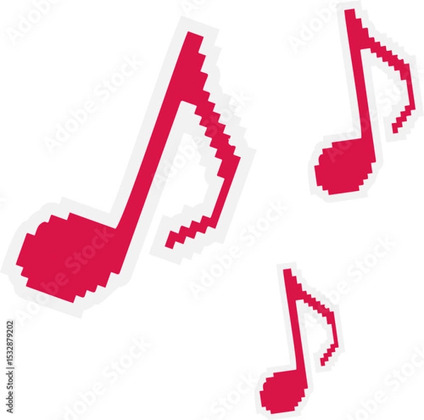 Fototapeta Pixelated red musical notes are floating separately on transparent canvas in flat pixel-art style