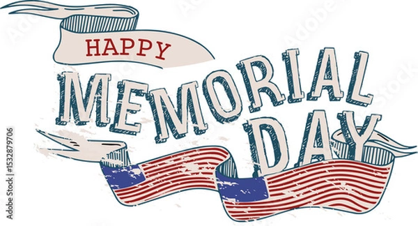 Obraz Retro distressed text is showing Happy Memorial Day with ribbon banners on transparent layer