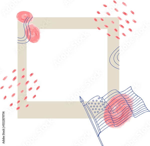 Fototapeta Floating frame with pink watercolor blobs, blue line art, stylized US flag on transparent backdrop