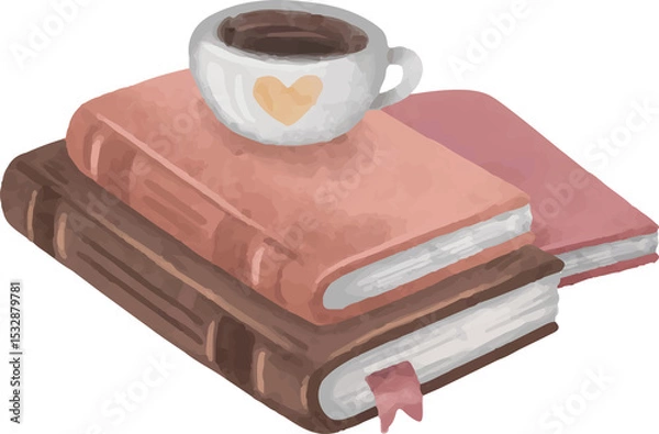 Fototapeta Watercolor illustration showing book stack with ribbon topped by white heart cup, transparent bg