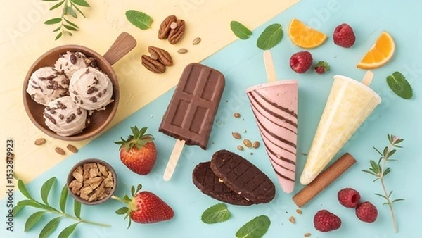Fototapeta Ice cream with chocolate glaze and nuts on a stick. Brown whole and bitten chocolate ice cream popsicle with peanuts isolated on white background Realistic 3D vector food posters and summer banners.
