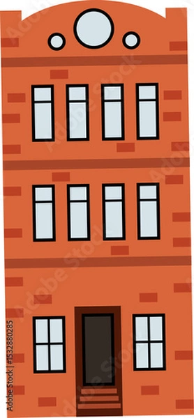 Obraz Cartoon art showing red brick facade with door, multi-pane circular windows, transparent background