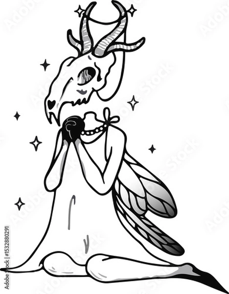 Fototapeta Mythical creature is kneeling in gown on transparent bg with horned skull, wings, beads, sparkles
