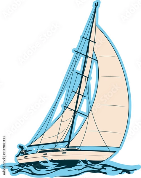Fototapeta Sailing yacht gliding on water with beige sails rigging in vector art transparent background