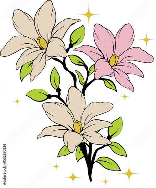 Obraz Flat magnolia blossoms are resting on dark branch with green leaves and gold sparkles, transparent