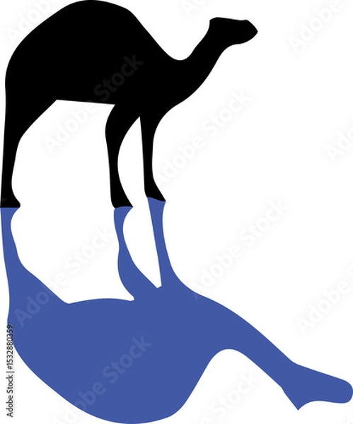 Obraz Stylized black camel silhouette is standing over blue puddle on transparent background, flat design