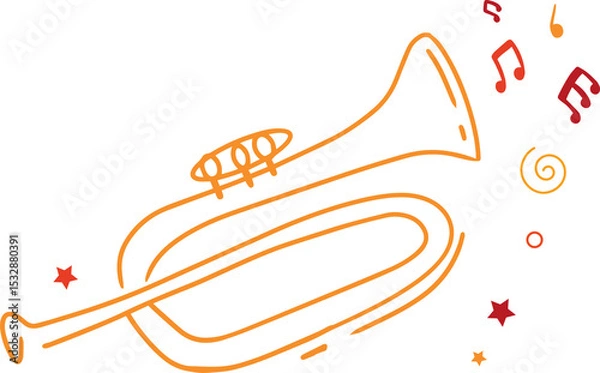 Fototapeta Orange line art trumpet outline is floating on transparent backdrop with notes, stars, swirl accent