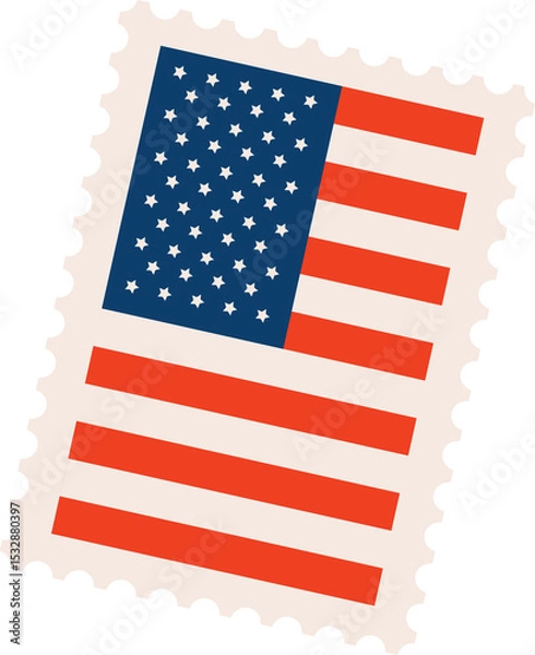 Fototapeta US flag stamp is being shown in flat design, featuring perforated edges on transparent background