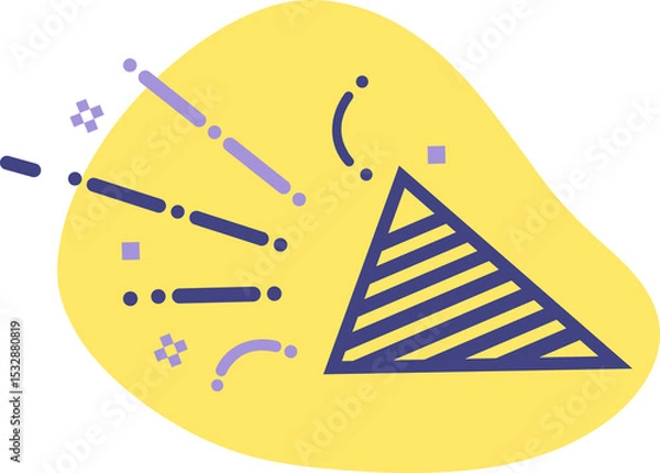 Obraz Flat icon striped party popper is releasing purple confetti over yellow blob transparent background