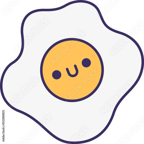 Fototapeta Flat cartoon fried egg is showing kawaii yolk wavy outline on transparent background, copy space