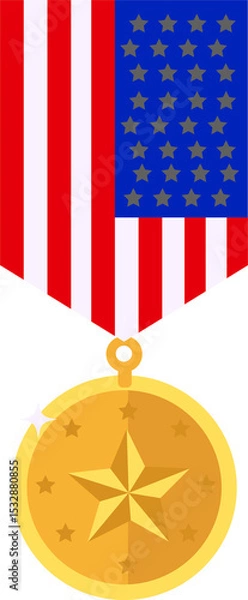 Fototapeta Gold star medal is hanging in flat with border stars, flag ribbon, sparkle, transparent background