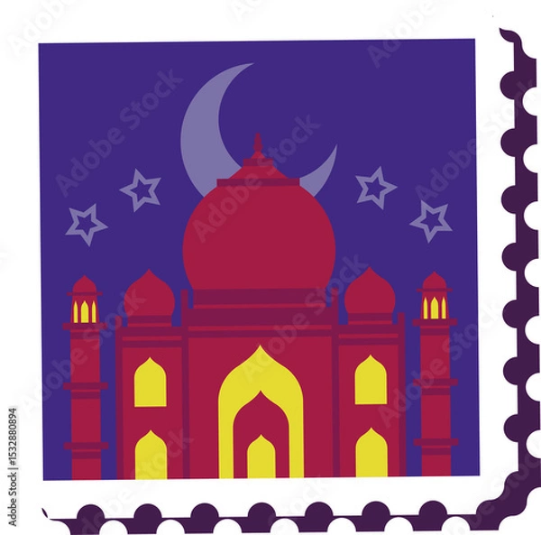 Fototapeta Flat design mosque is showing domes, minarets, moon, stars in jagged stamp border, transparent