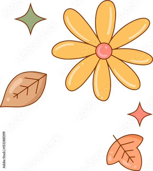 Fototapeta Stylized yellow daisy is floating in flat art with leaves and sparkles, transparent background
