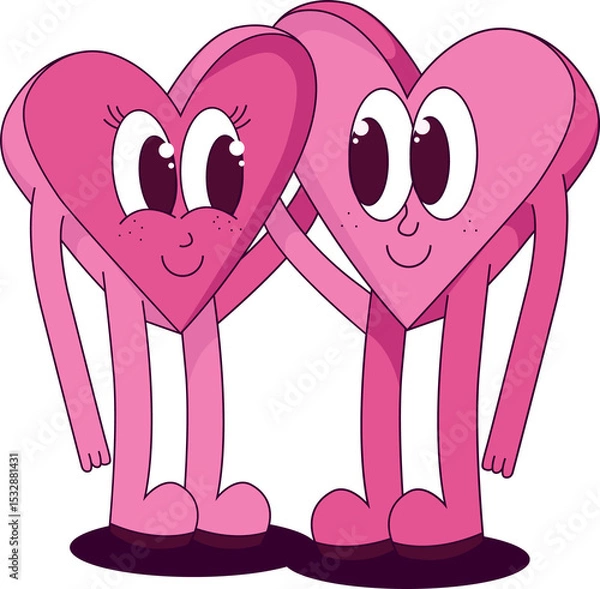 Fototapeta Flat pink hearts are holding hands smiling with oval eyes casting shadows on transparent background