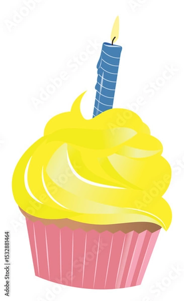 Fototapeta Flat design cupcake is showing on transparent background with pink liner, yellow swirl, blue candle