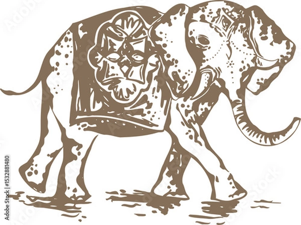 Fototapeta Stylized elephant is walking in brown stencil design with decorative cloth, transparent background