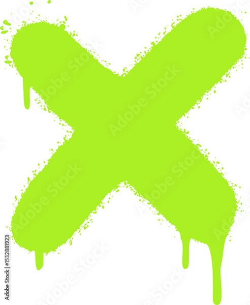 Fototapeta Displaying spray-painted lime green X with brush strokes, splatters and drips on transparent canvas