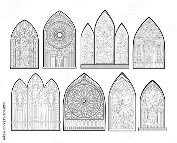 Fototapeta Set of beautiful Gothic stained glass windows from French churches. Black and white drawing for coloring book. Medieval architecture in western Europe. Educational page. Hand drawn vector illustration