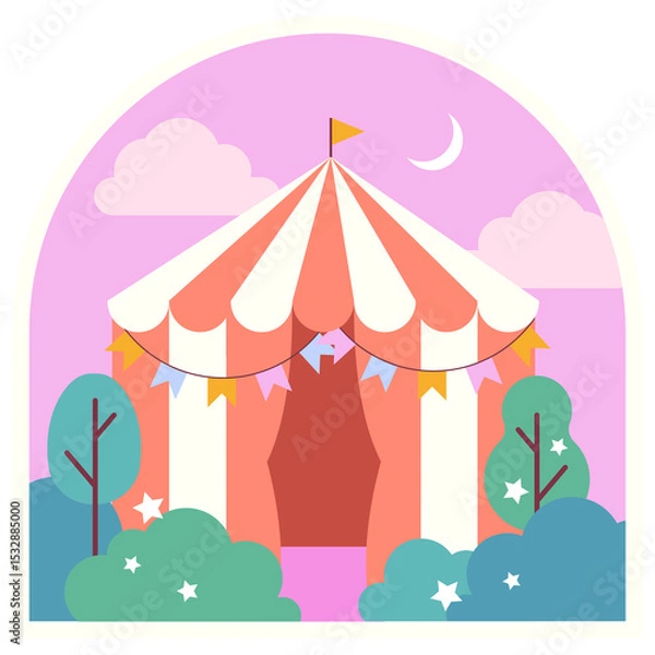 Fototapeta Flat design festival tent is featuring stripes, bunting, foliage, moon on transparent background