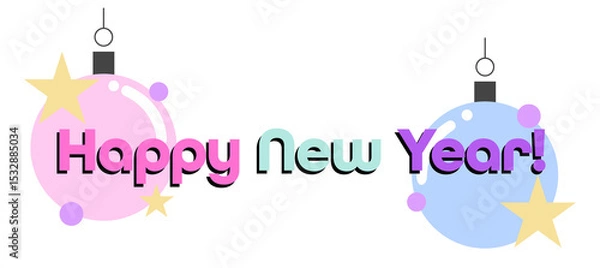 Fototapeta Flat design New Year greeting is floating on transparent canvas, with pastel baubles and stars