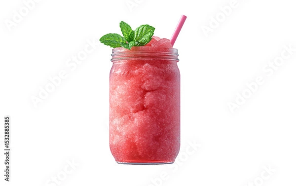 Fototapeta Summer watermelon slushie served in mason jar with fresh fruit garnish isolated on transparent background PNG