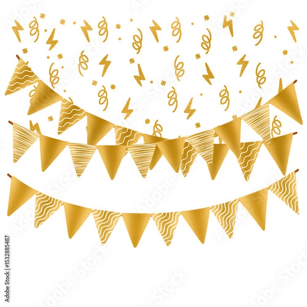 Fototapeta Gold pennant flags and confetti are floating in flat design over transparent background, copy space