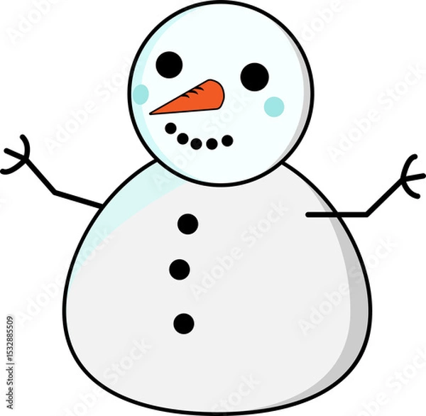 Obraz Cartoon snowman is standing on transparent backdrop, carrot nose, mouth dots, twig arms, buttons