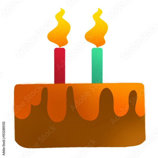 Obraz Celebration cake is being shown in flat design, orange dripping icing, two lit candles, transparent