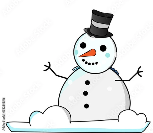 Obraz Flat design snowman is standing on transparent bg wearing hat and scarf, carrot nose, coal buttons