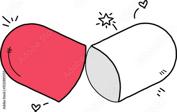 Fototapeta vector art is showing two capsule halves joining with doodle accents and transparent background