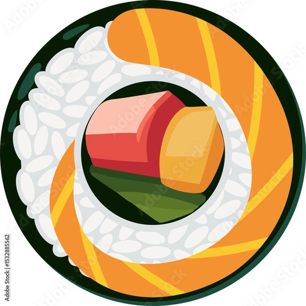 Fototapeta Sushi maki is being shown in flat top-down with rice, salmon, seaweed wrap, transparent background