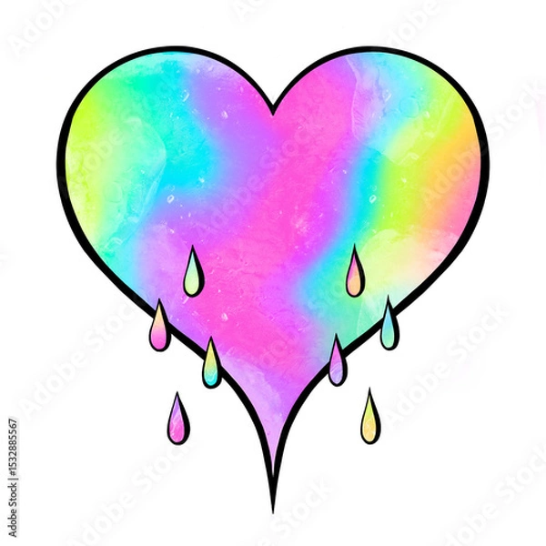 Obraz Watercolor heart is dripping pastel rainbow gradient on transparent background, with teardrop drips
