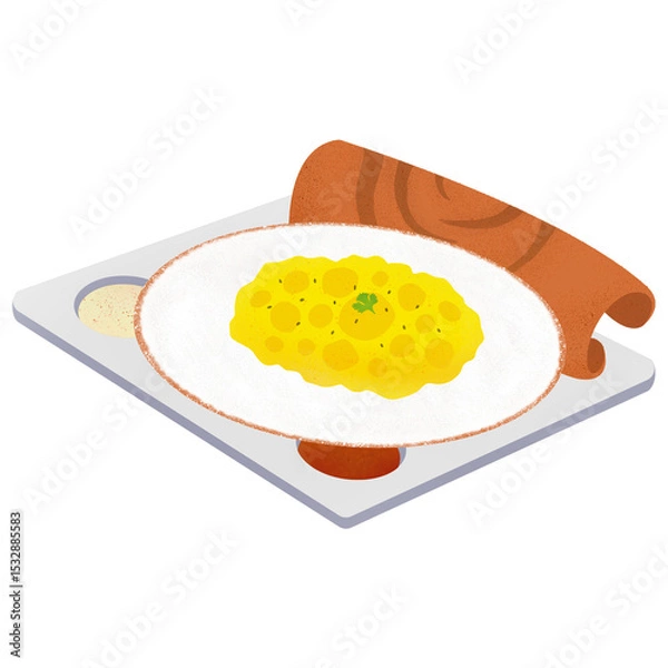 Fototapeta Flat design tray is holding scrambled eggs with parsley, sauce bowl on transparent backdrop