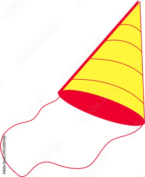 Fototapeta Flat design party hat is floating on transparent background with yellow panels and red wavy string