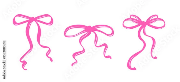 Fototapeta Set of Pink Coquette Bows in Different Styles. A Charming Collection of Feminine Hand-Drawn Ribbons with Playful Curves