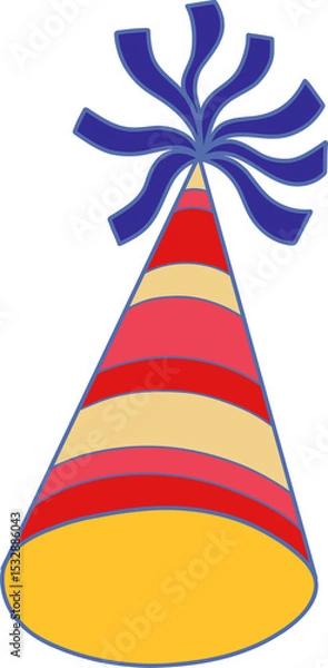 Fototapeta Conical party hat is floating in flat vector with striped cone, ribbon burst, transparent backdrop