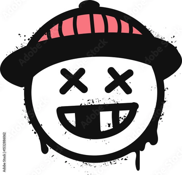 Fototapeta Smiley face with pink-striped beanie is dripping graffiti-style splatter on transparent background