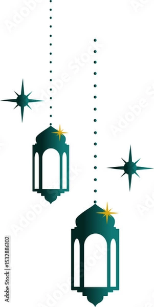 Fototapeta Flat green beaded lanterns with starburst ornaments are floating on clear background, copy space