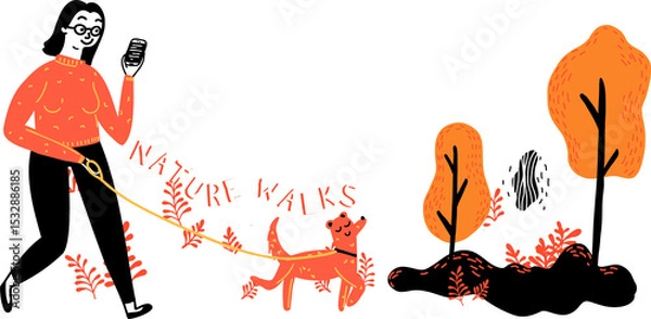 Obraz Woman is walking dog with smartphone and sketched text, trees in flat design transparent background