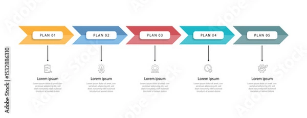 Obraz Business template infographic element. 5 step journey with lines, icons and arrow. Vector graphic design for business information, worksheet and banner presentation 