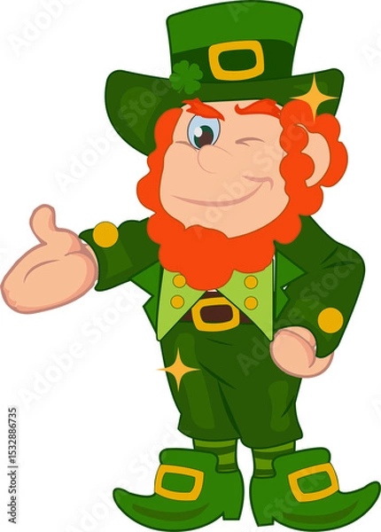 Obraz Flat style leprechaun with shamrock hat is winking and extending hand on transparent background