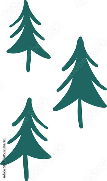 Fototapeta Three stylized pine tree silhouettes standing in balanced flat design on transparent background