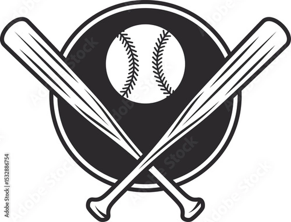 Fototapeta Baseball logo is showing flat design black and white circle, crossed bats, ball, clear background