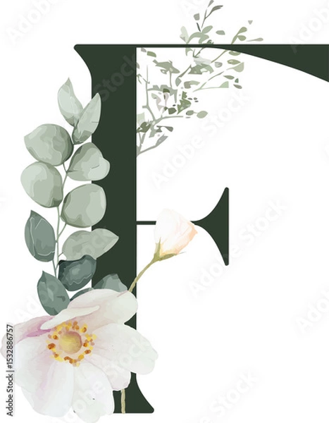 Fototapeta Floral F monogram is showing vector art on transparent backdrop with eucalyptus and white rose